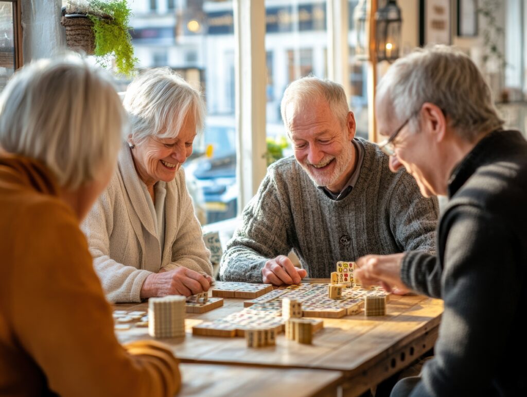 A group of older people are playing a board game together